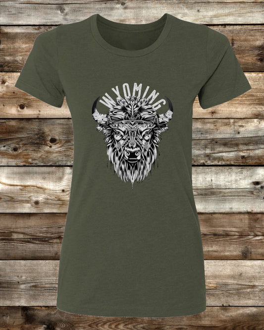 WYOMING TRIBAL BISON - 3 COLORS - Ladies Cut T-Shirt