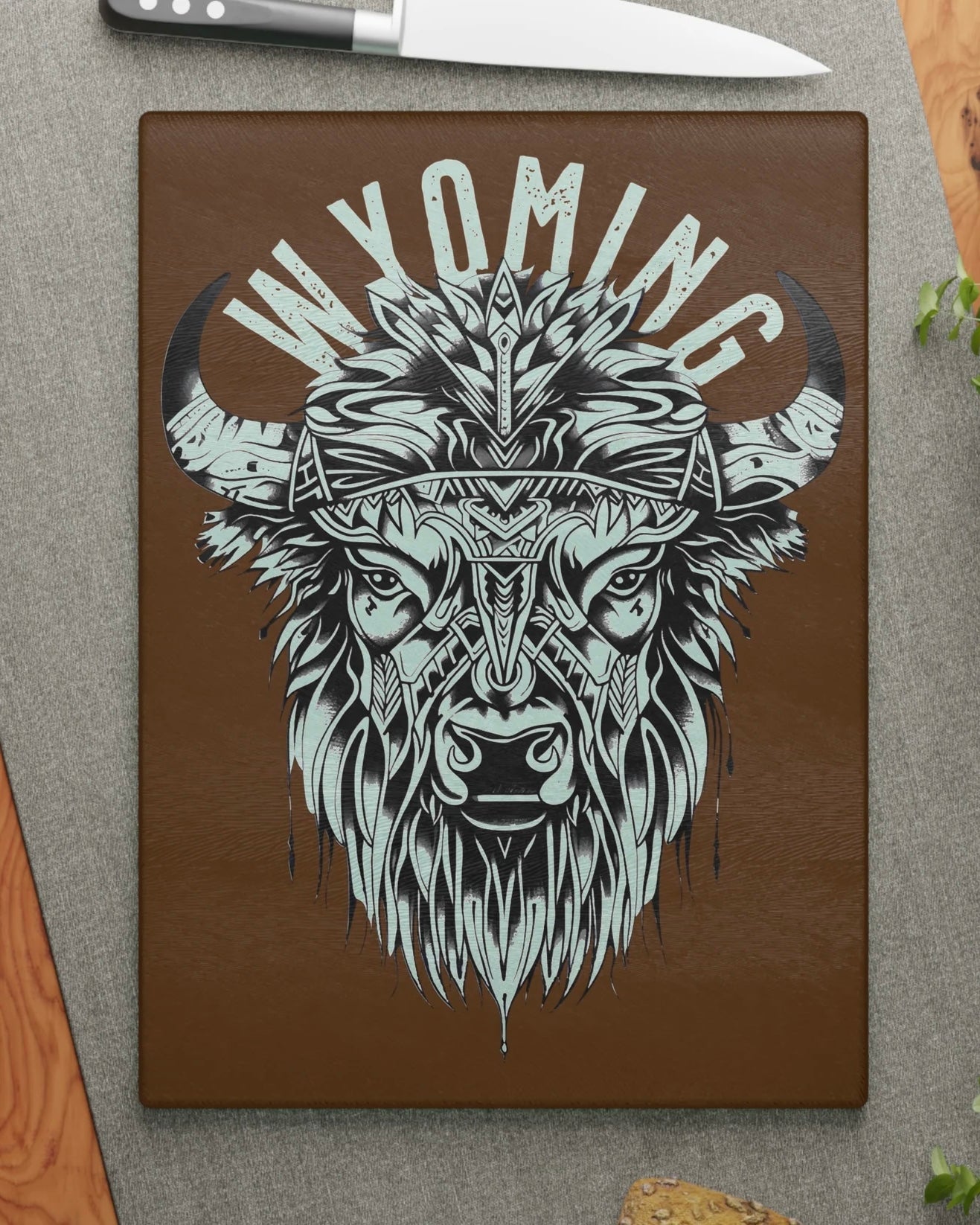 WYOMING TRIBAL BISON GLASS CUTTING BOARD